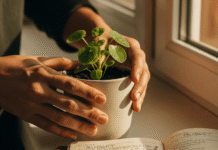 Improve Your Financial Wellness with These Habits A person's hands gently care for a small money plant on a windowsill with a budget notebook nearby.