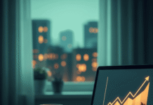 How to Build Passive Income While Working Full-Time Home office with laptop showing financial growth graph, city view.